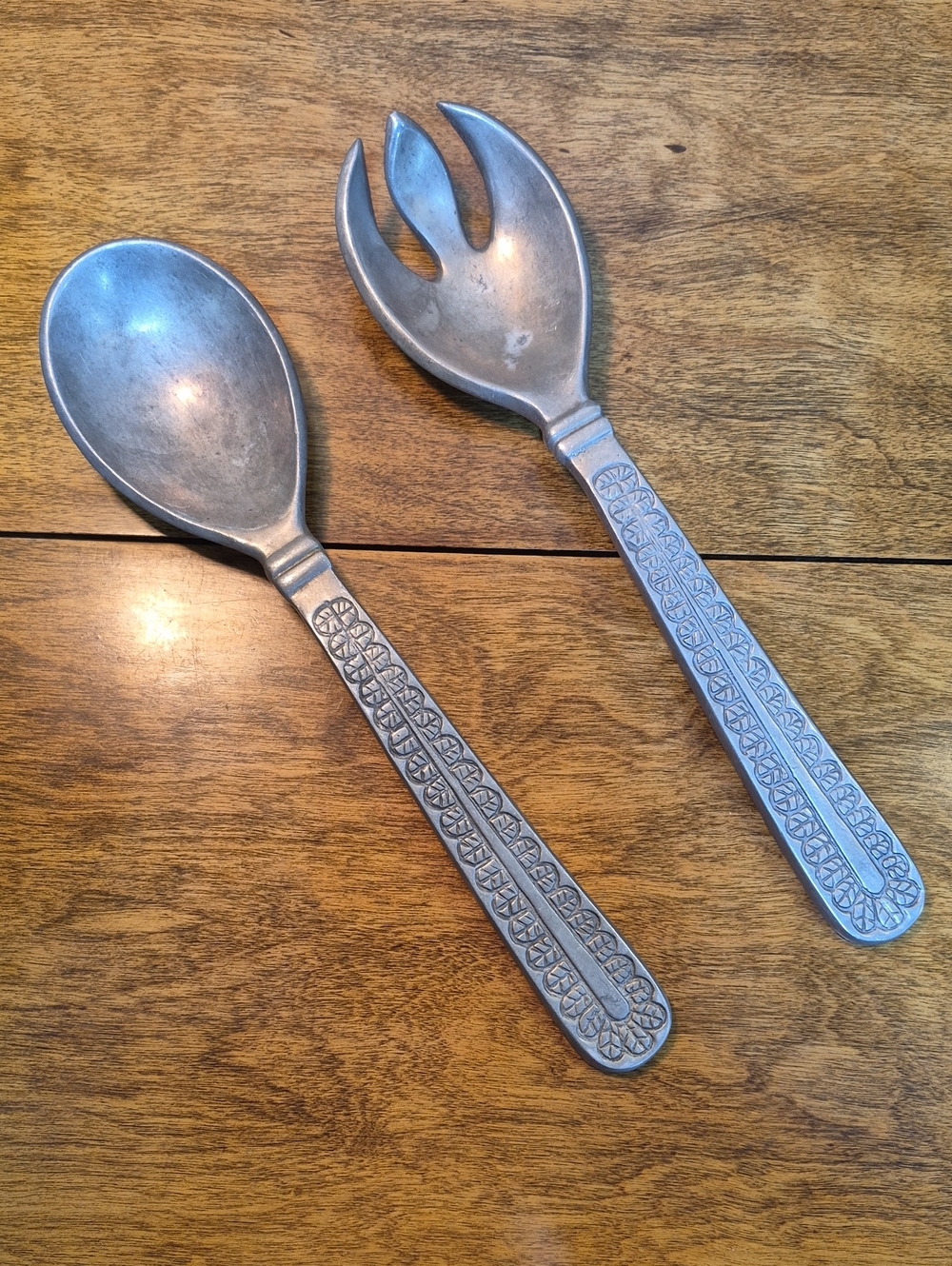 VINTAGE Aluminum-Based Pewter Alloy Salad Serving Set Mid Century Modern